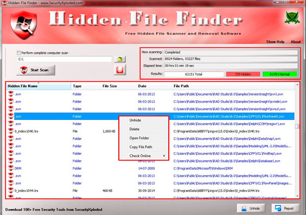 поиск скрытых папок, файлов через hidden file finder